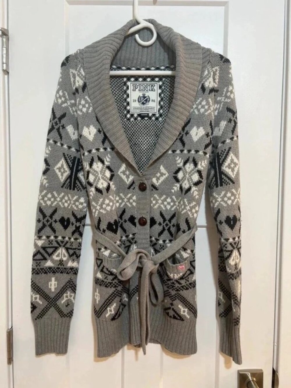 PINK Victoria's Secret Fair Isle shawl collar belted cardigan